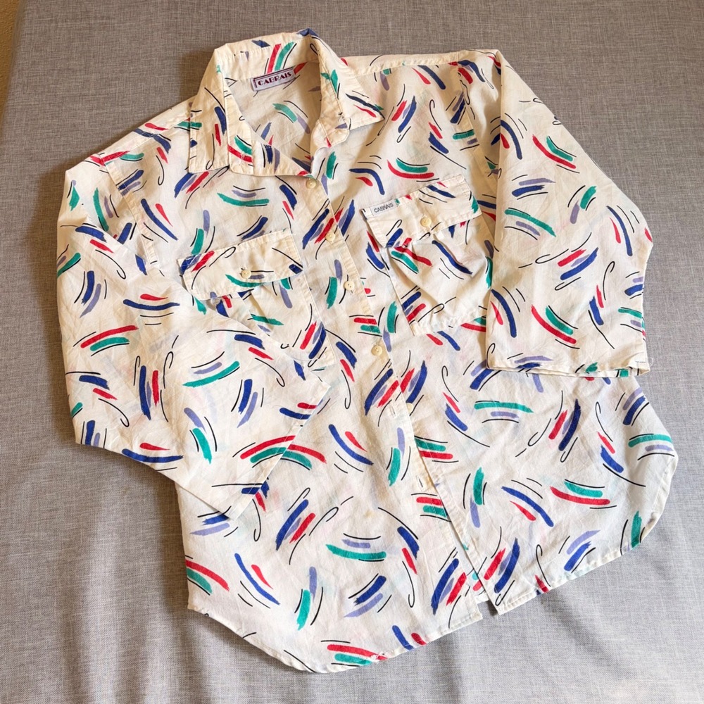 Cabrais Vtg 80s Abstract Brushstroke Button Shirt‎ White Multi L Retro Nostalgia